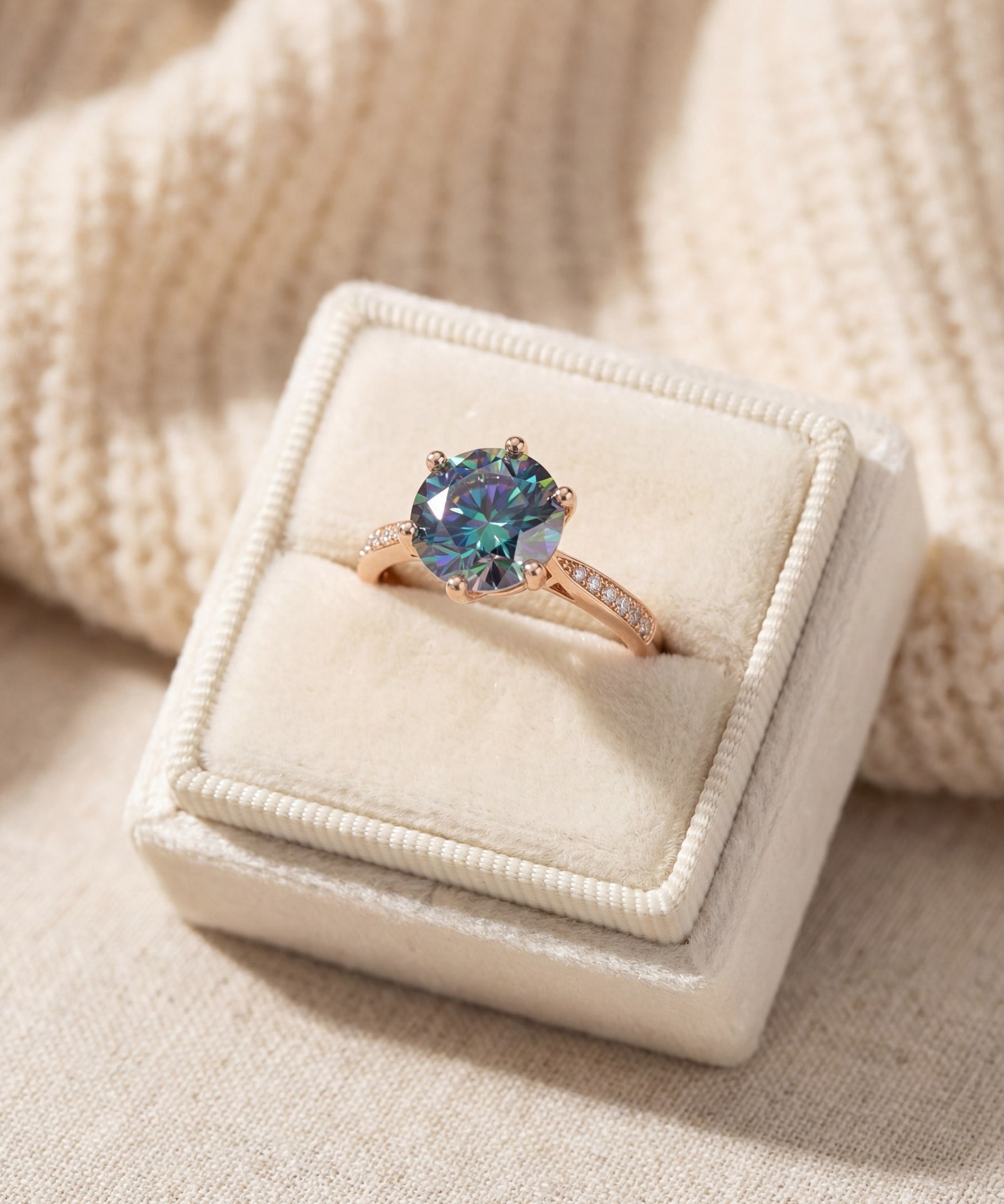 3 Carat Mystic Moissanite Ring in rose gold, laid flat on a tabletop