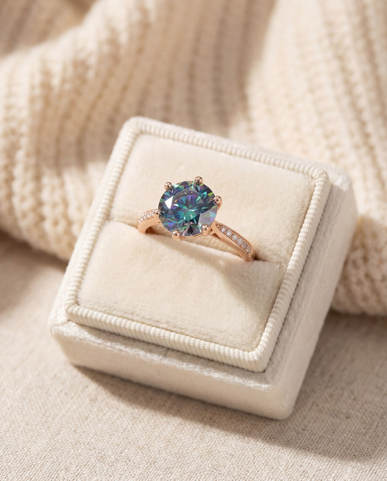 3 Carat Mystic Moissanite Ring in rose gold, laid flat on a tabletop