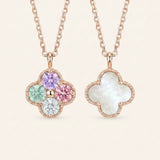Product comparison of the Tale of Two Clovers necklace in 18k Rose Gold Vermeil, showing both moissanite and mother of pearl sides.