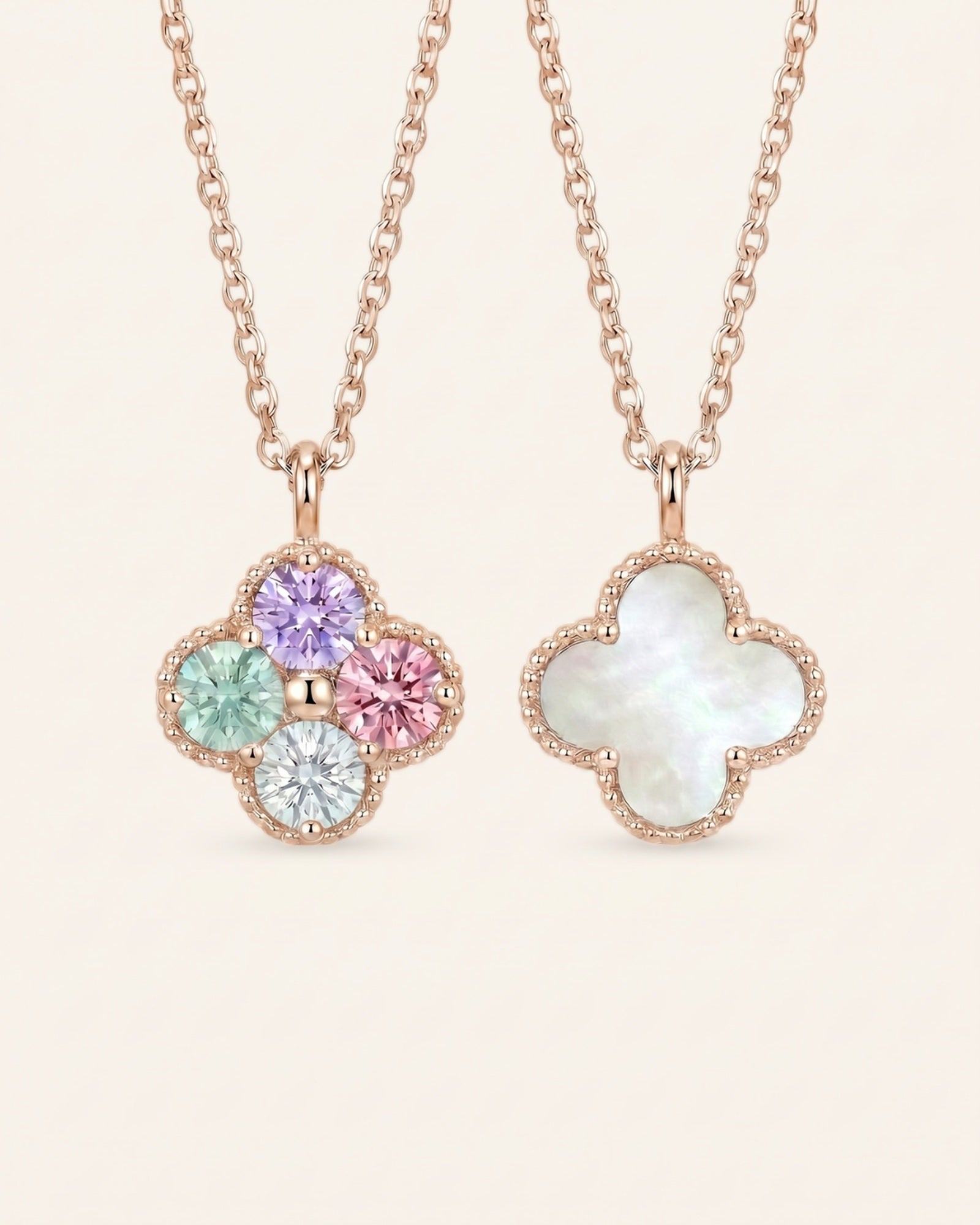 Product comparison of the Tale of Two Clovers necklace in 18k Rose Gold Vermeil, showing both moissanite and mother of pearl sides.