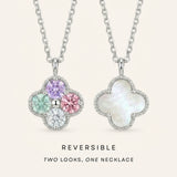 Graphic featuring the Tale of Two Clovers necklace in Silver with the text 'REVERSIBLE: TWO LOOKS, ONE NECKLACE.'