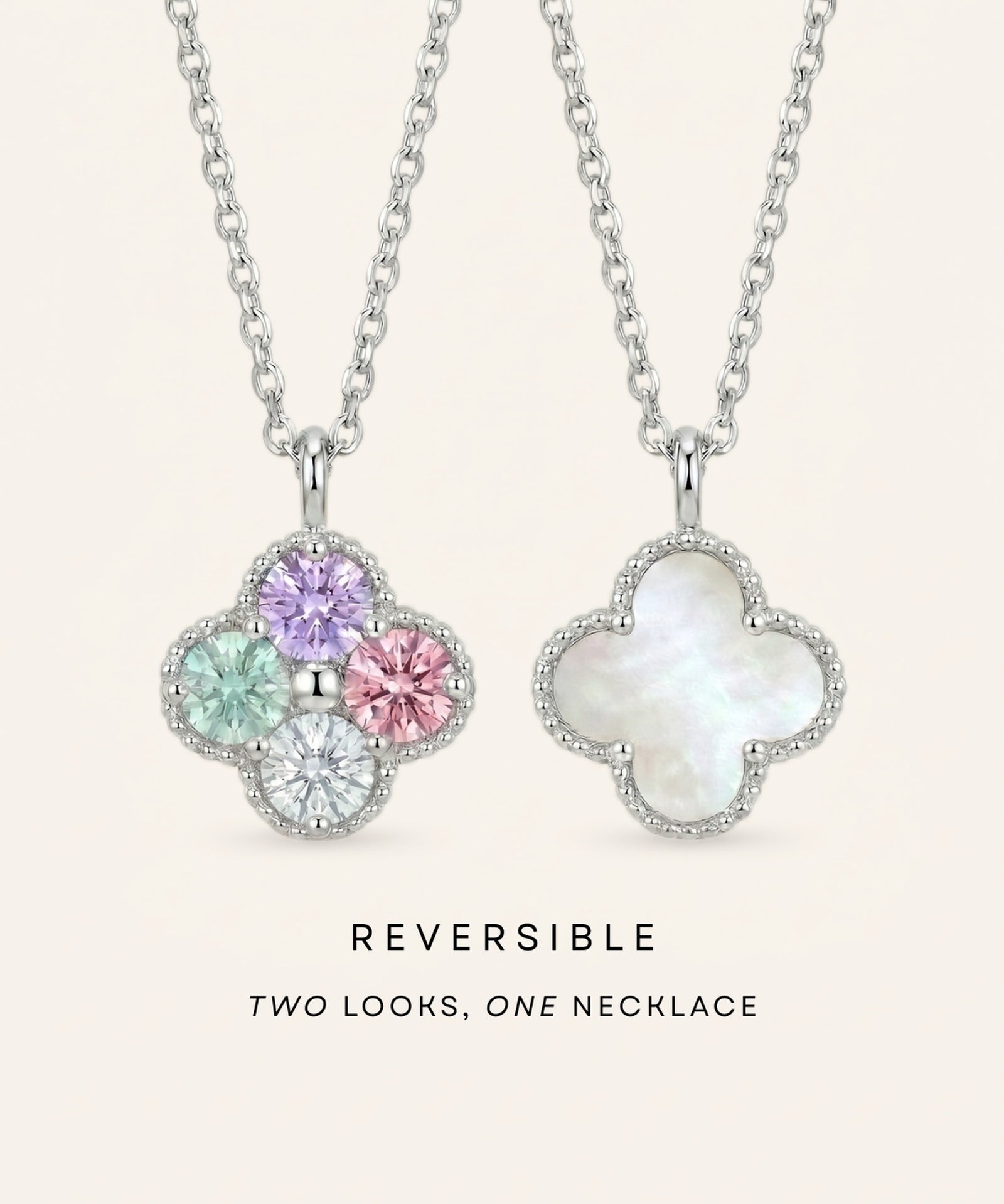 Graphic featuring the Tale of Two Clovers necklace in Silver with the text 'REVERSIBLE: TWO LOOKS, ONE NECKLACE.'