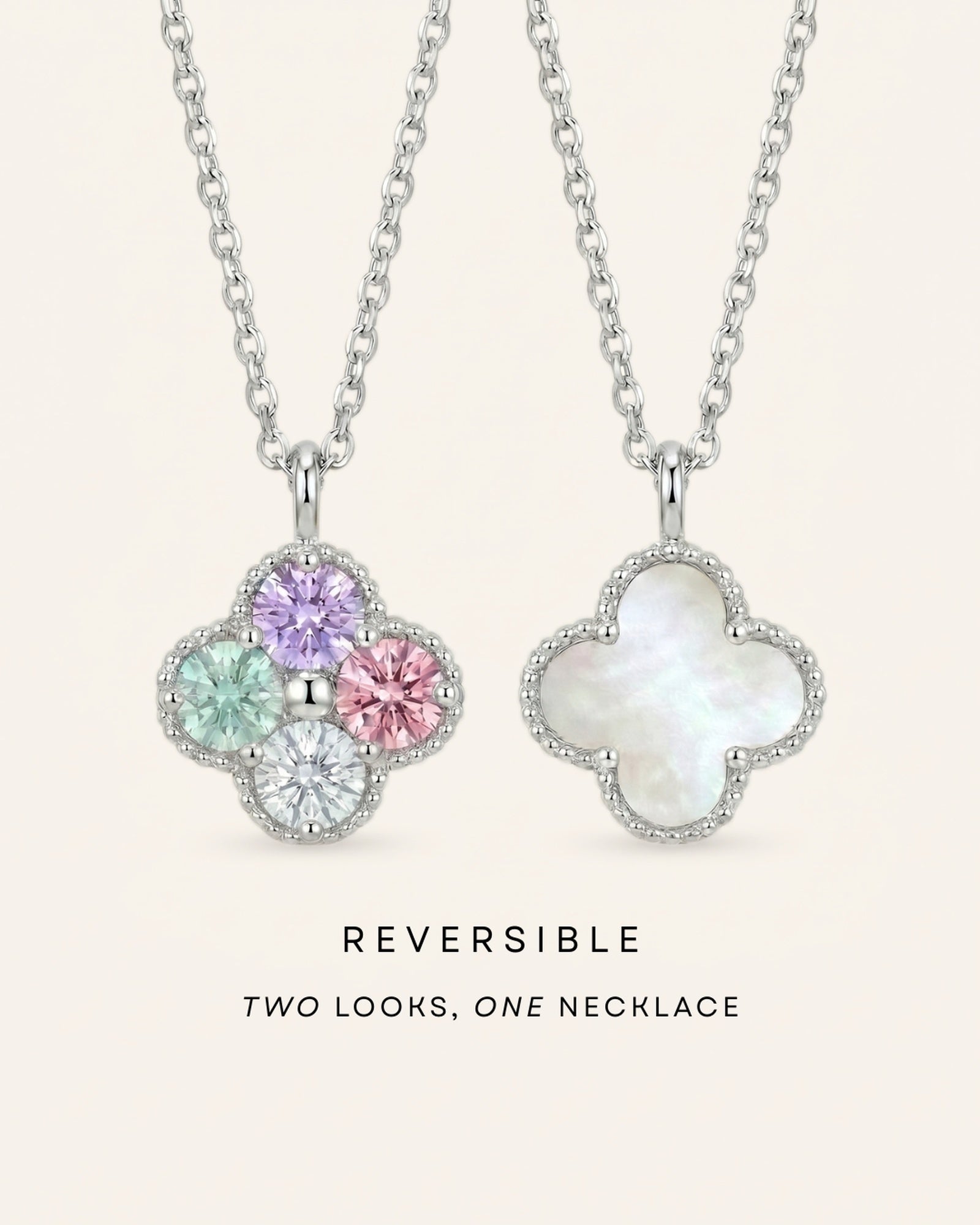 Graphic featuring the Tale of Two Clovers necklace in Silver with the text 'REVERSIBLE: TWO LOOKS, ONE NECKLACE.'