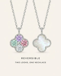 Graphic featuring the Tale of Two Clovers necklace in Silver with the text 'REVERSIBLE: TWO LOOKS, ONE NECKLACE.'