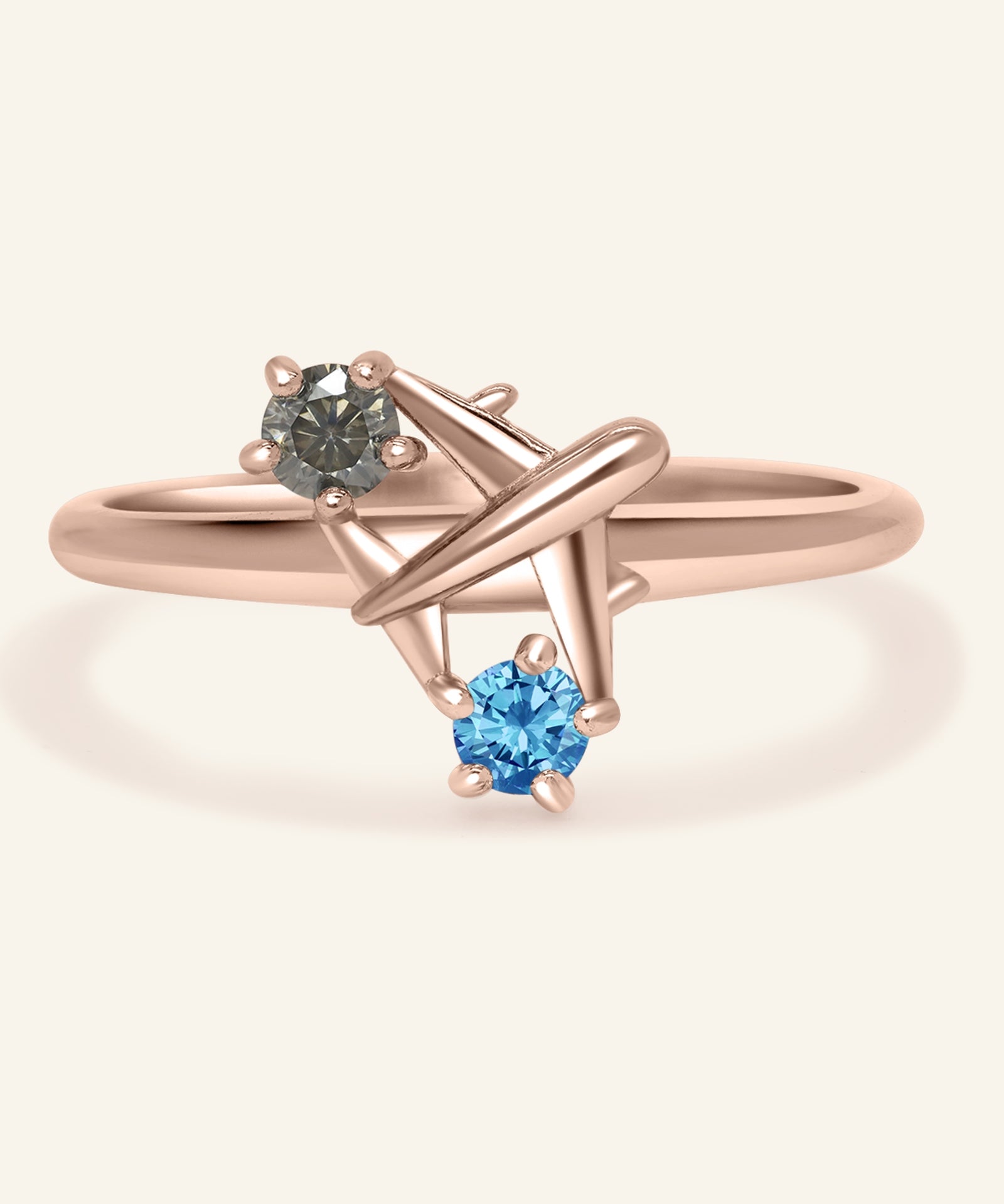 Close-up of the Wanderlust Ring | Moissanite in rose gold, resting on a warm linen background