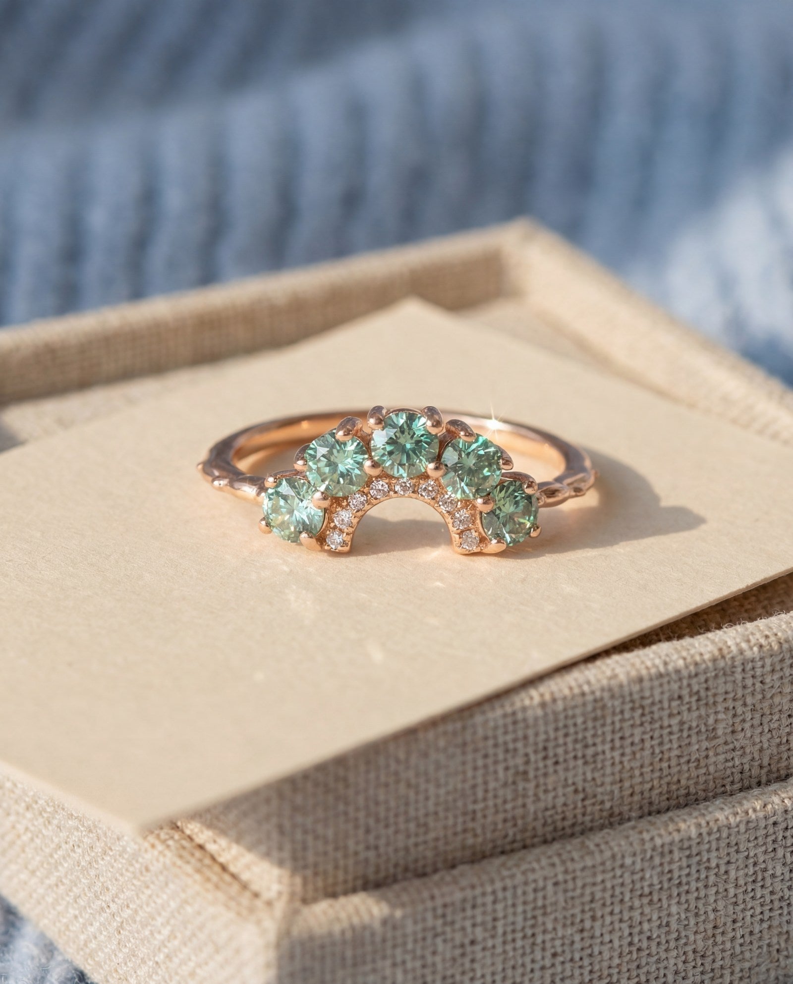 Arc Green Moissanite Ring in rose gold, laid flat on a tabletop