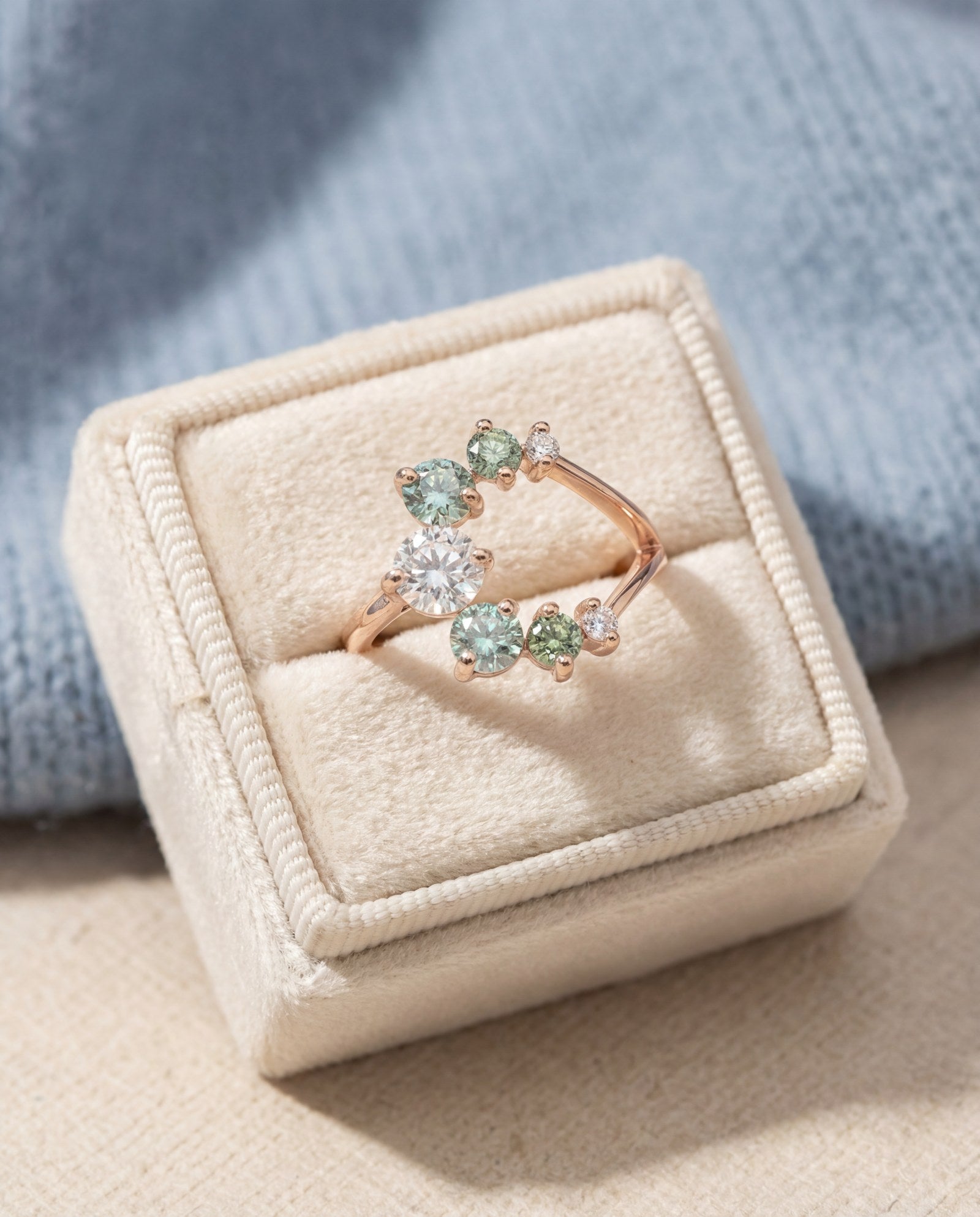 Aurora Crescent Moissanite Ring in rose gold, laid flat on a tabletop, alternate angle