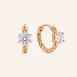 Pair of 18k yellow gold vermeil Braided Moissanite Huggie Hoops with 0.5ct round white moissanite stones and a woven band.