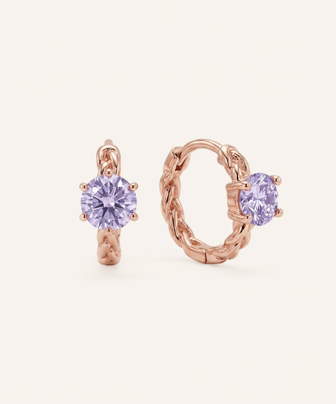 Pair of 18k rose gold vermeil Braided Lavender Moissanite Huggie Hoops featuring 0.5ct round light purple moissanite solitaire stones.