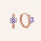 Pair of 18k rose gold vermeil Braided Lavender Moissanite Huggie Hoops featuring 0.5ct round light purple moissanite solitaire stones.