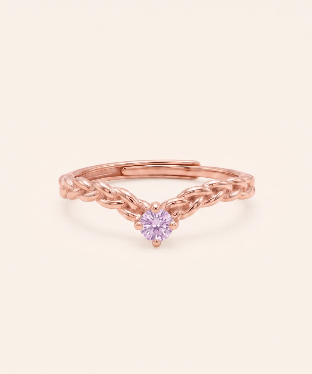 18k rose gold vermeil Braided Wishbone Moissanite Ring set with a 0.1ct round lavender moissanite solitaire center stone.