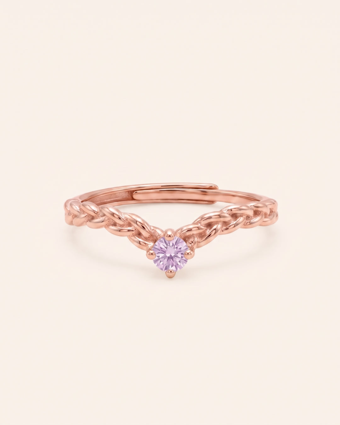 18k rose gold vermeil Braided Wishbone Moissanite Ring set with a 0.1ct round lavender moissanite solitaire center stone.