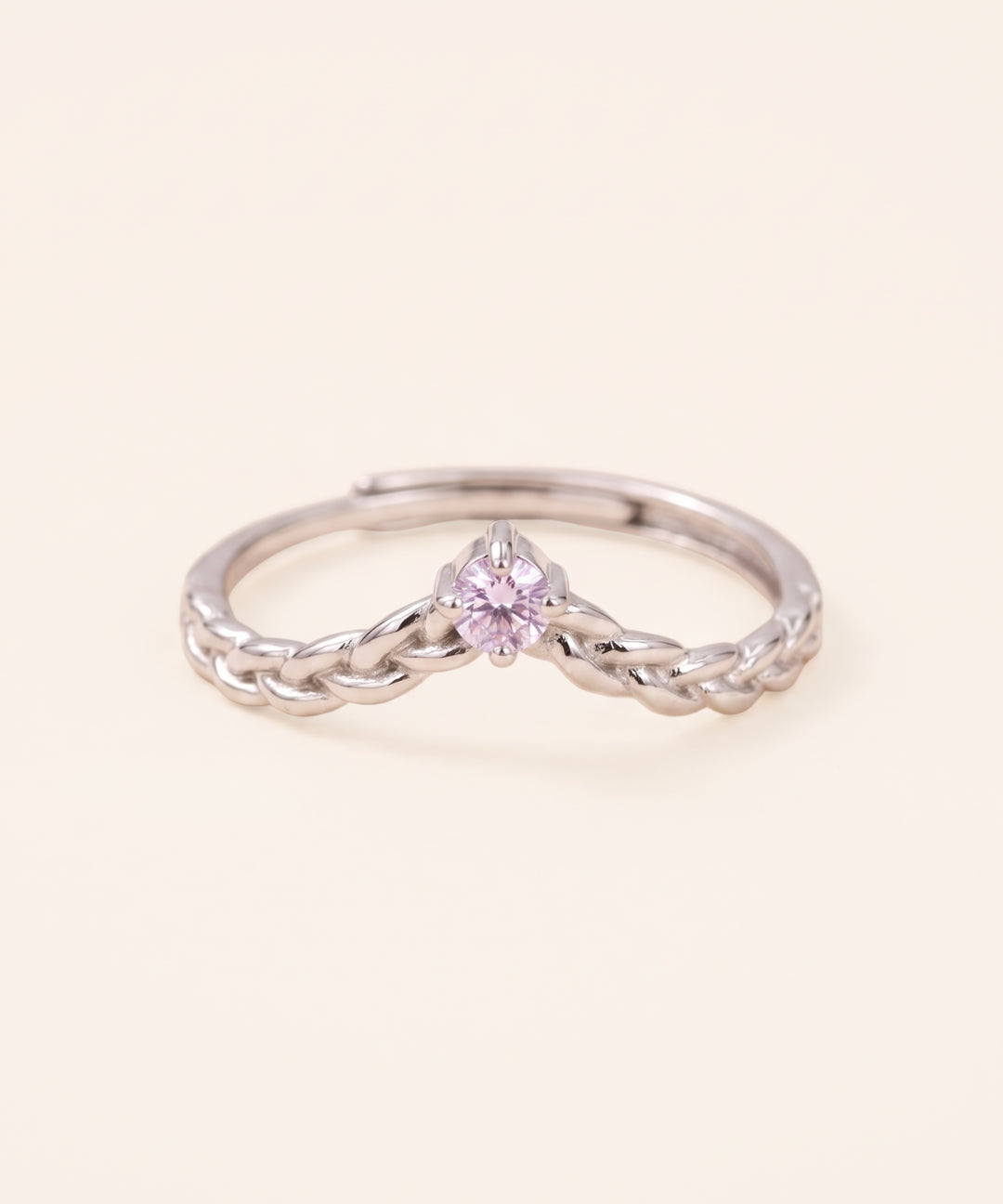 Sterling silver Braided Wishbone Moissanite Ring set with a 0.1ct pastel purple lavender moissanite center stone.
