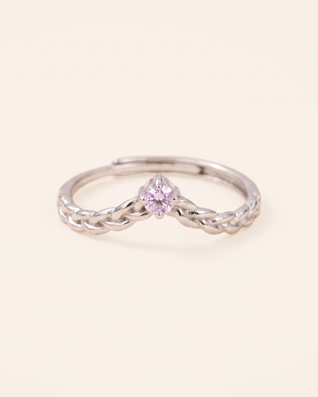 Sterling silver Braided Wishbone Moissanite Ring set with a 0.1ct pastel purple lavender moissanite center stone.