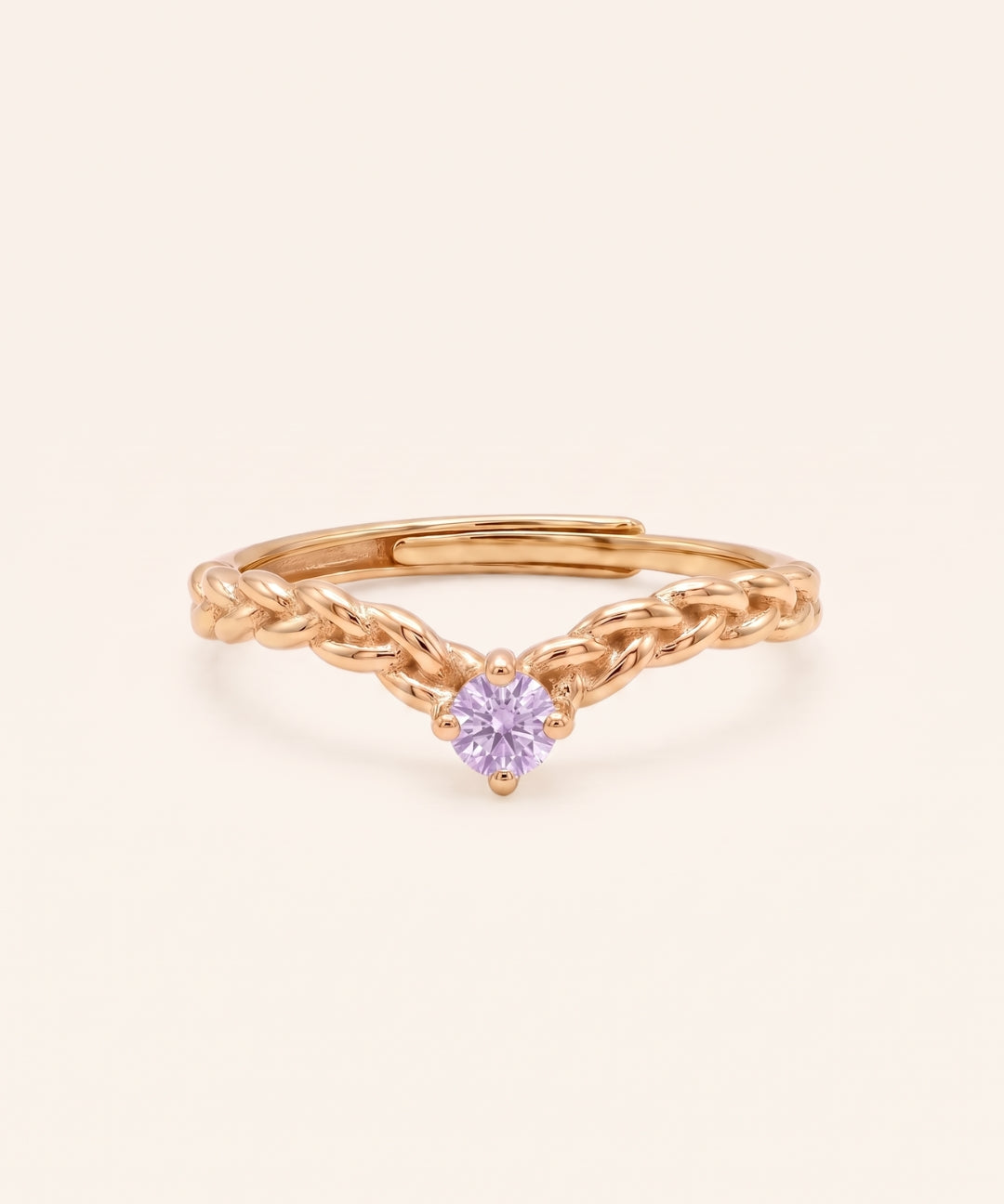 18k yellow gold vermeil Braided Wishbone Moissanite Ring featuring a 3mm round pastel lavender moissanite.