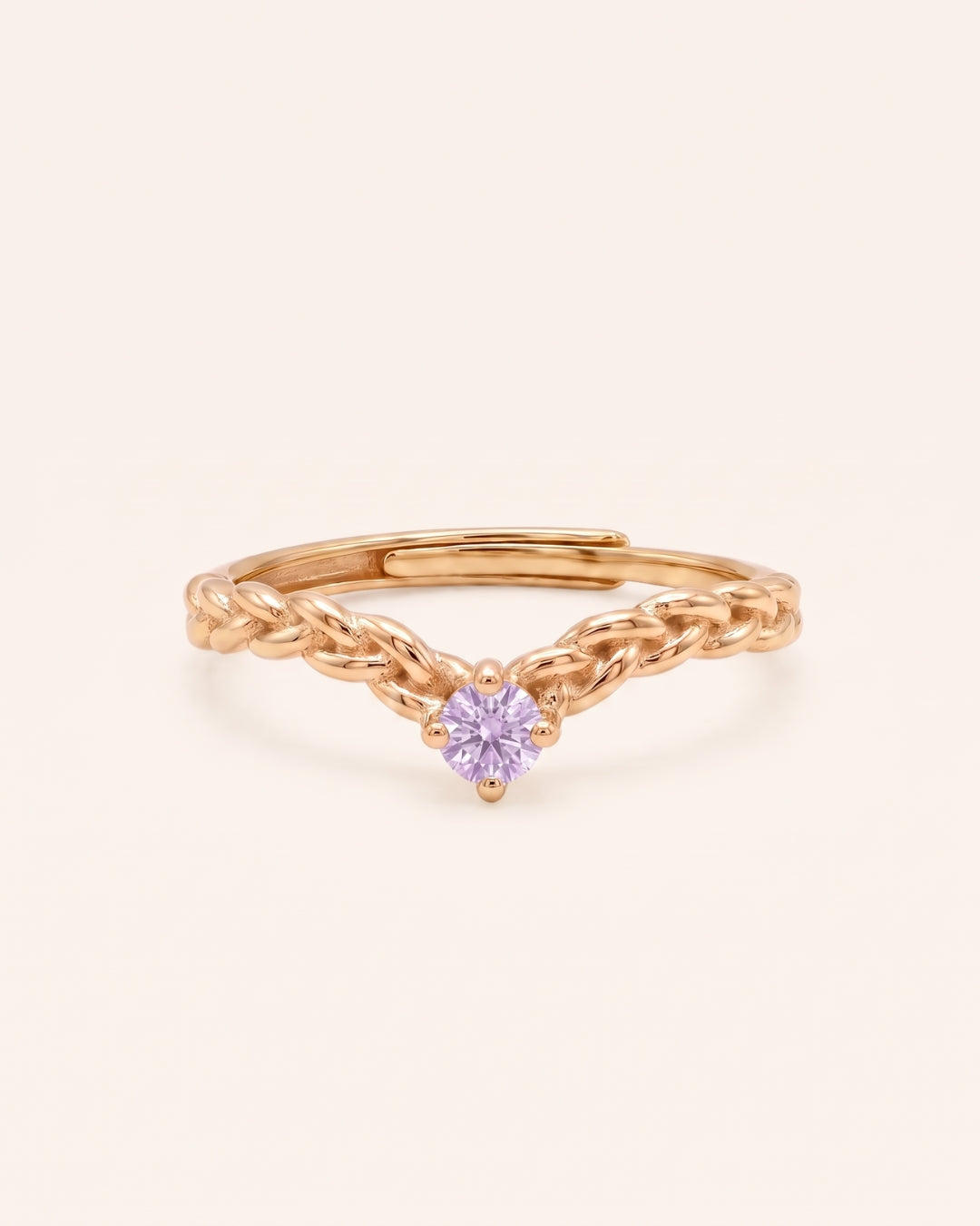 18k yellow gold vermeil Braided Wishbone Moissanite Ring featuring a 3mm round pastel lavender moissanite.