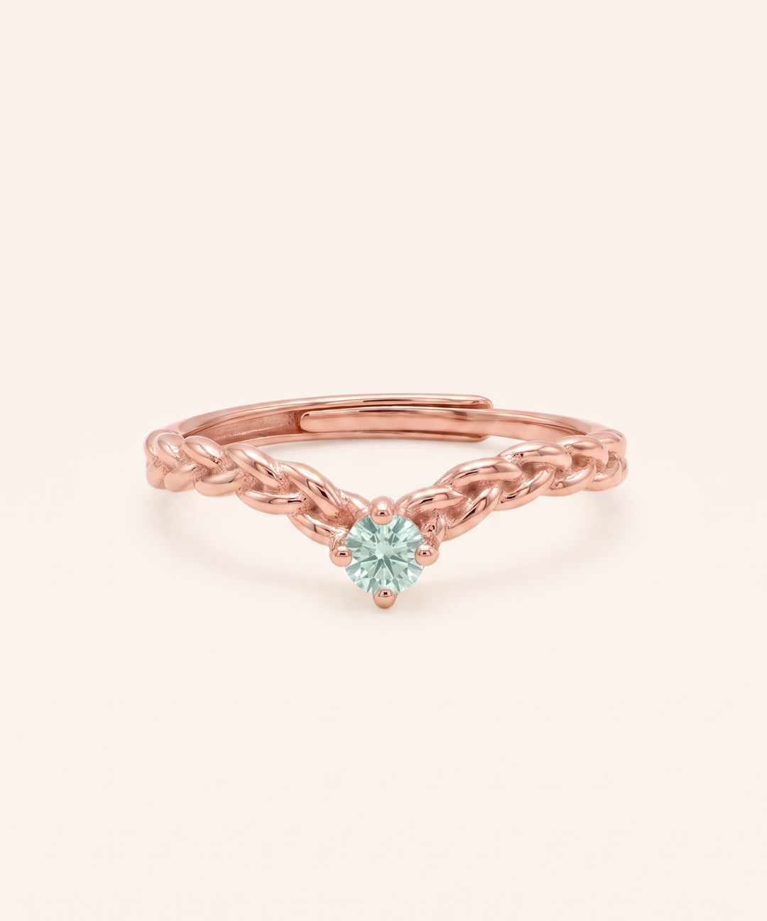 18k rose gold vermeil Braided Wishbone Moissanite Ring with a 0.1ct round mint moissanite center stone.