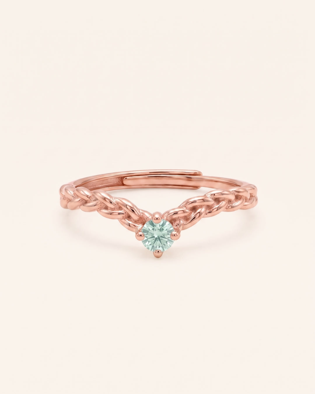 18k rose gold vermeil Braided Wishbone Moissanite Ring with a 0.1ct round mint moissanite center stone.