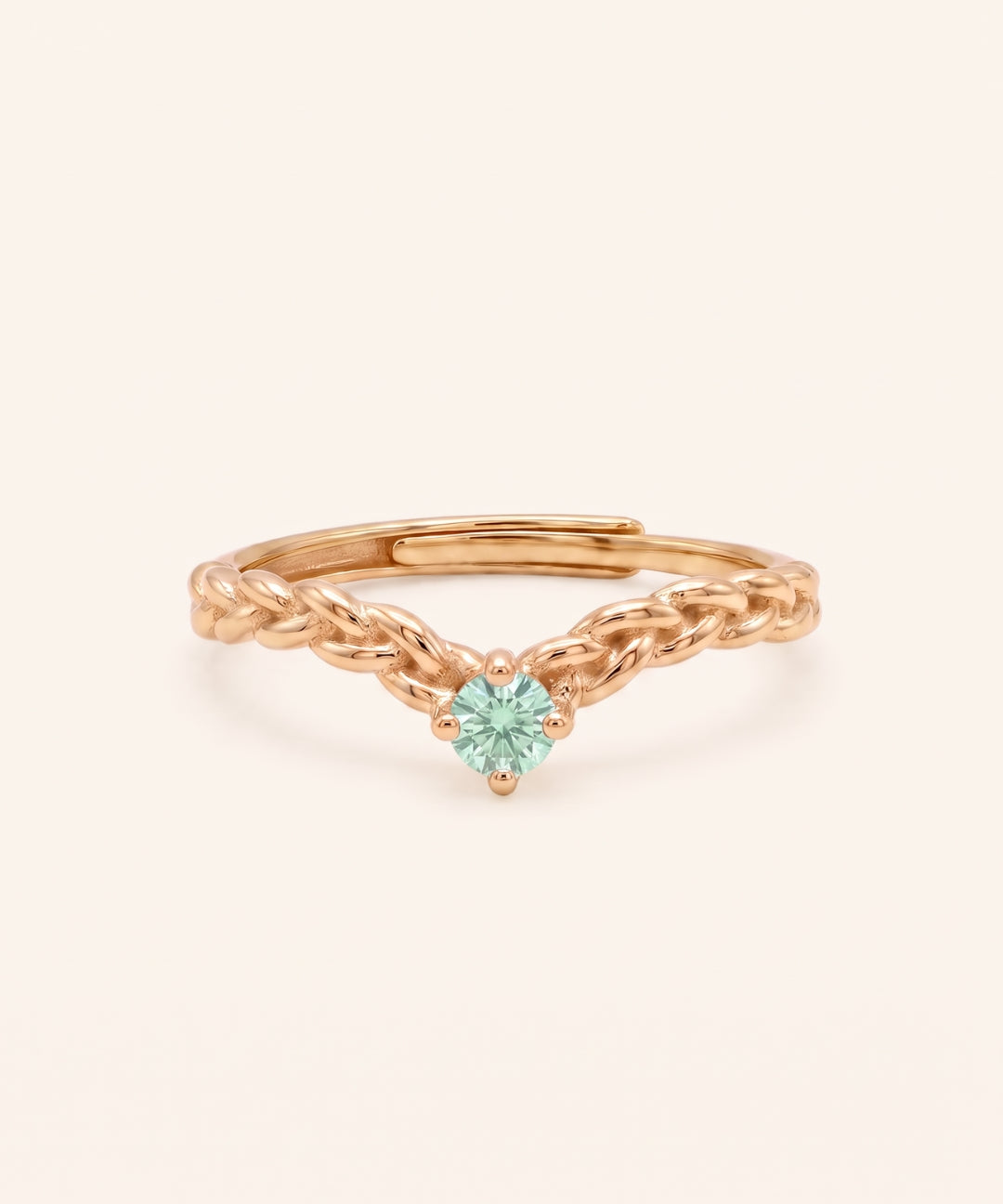 18k yellow gold vermeil Braided Wishbone Moissanite Ring set with a 3mm round mint green moissanite.