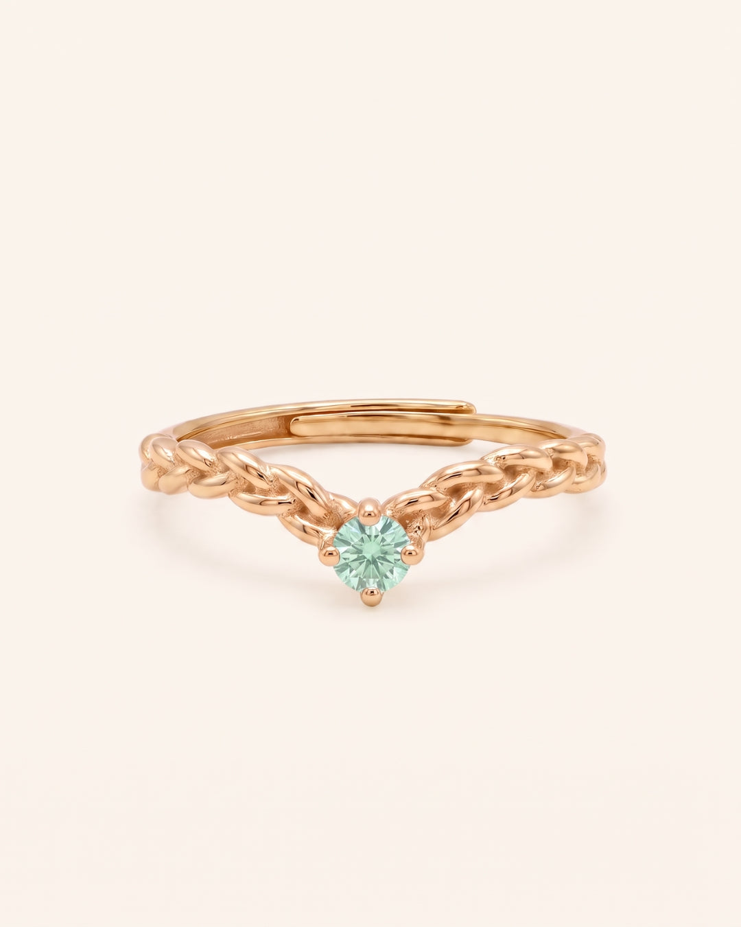 18k yellow gold vermeil Braided Wishbone Moissanite Ring set with a 3mm round mint green moissanite.