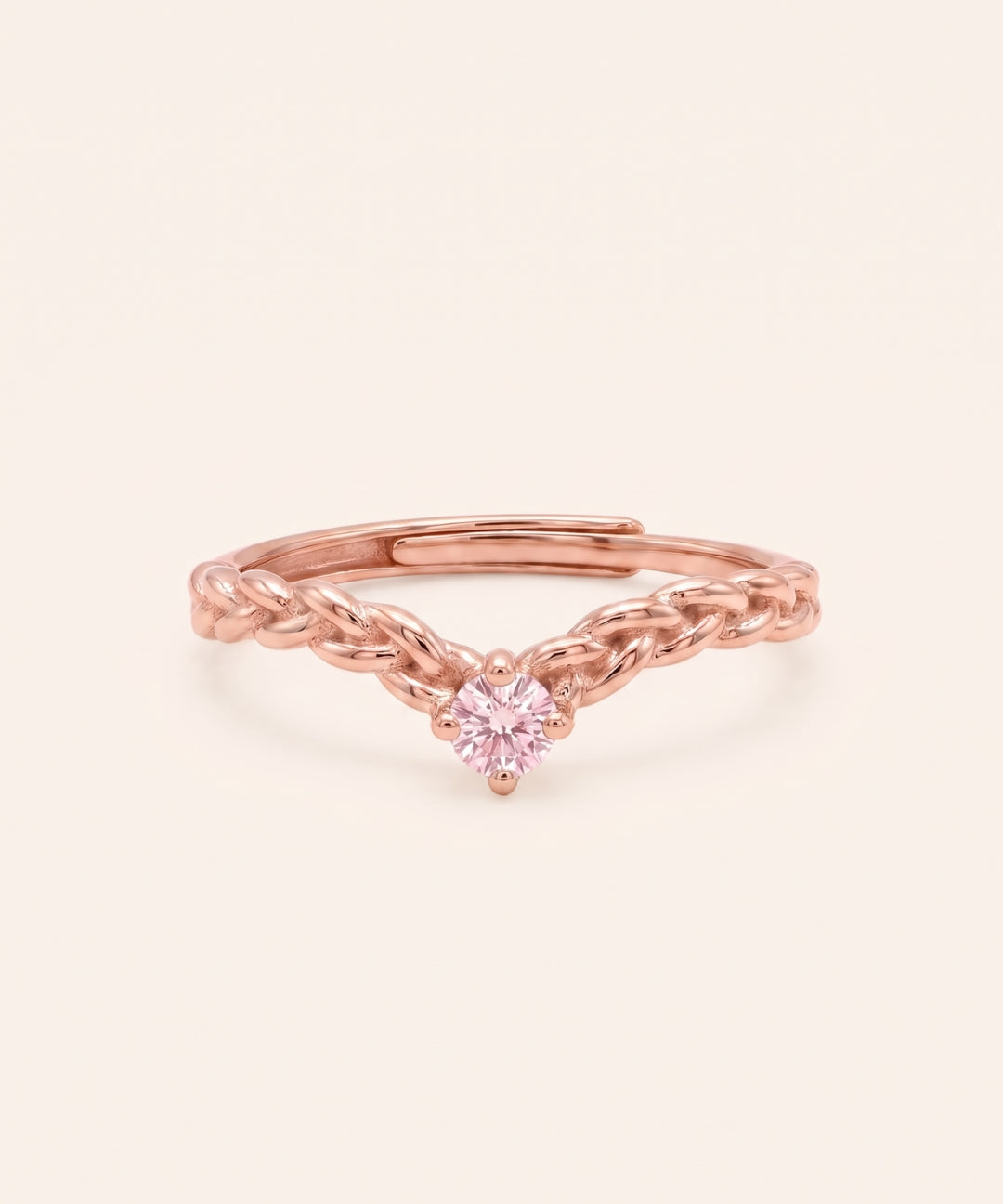 18k rose gold vermeil Braided Wishbone Moissanite Ring set with a 0.1ct round pastel pink moissanite solitaire center stone.