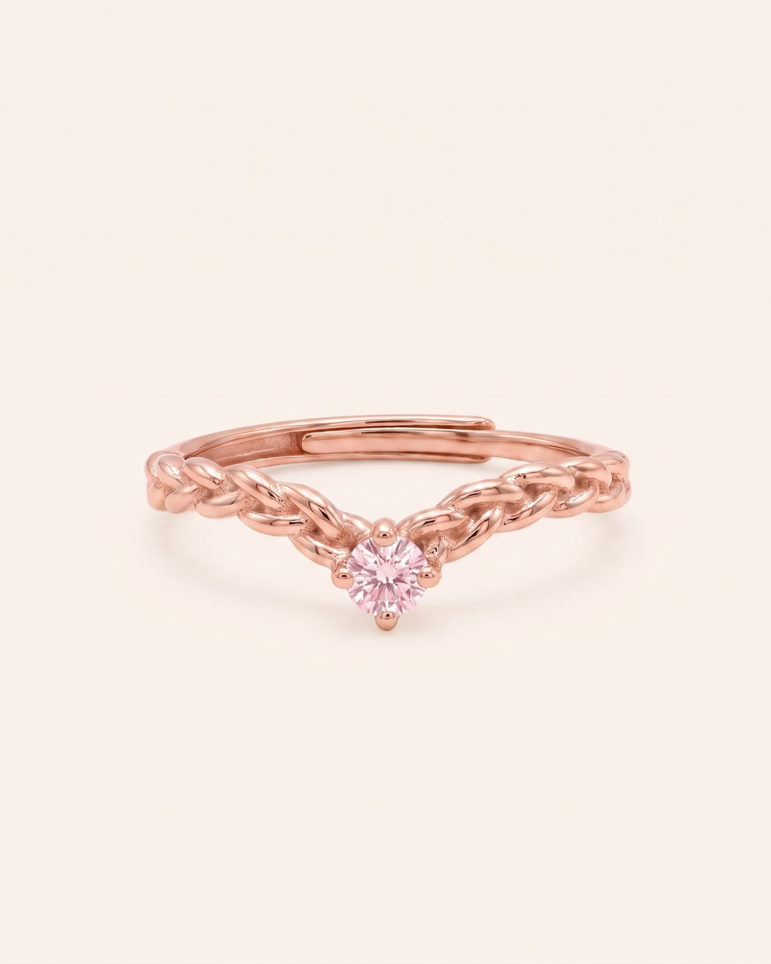 18k rose gold vermeil Braided Wishbone Moissanite Ring set with a 0.1ct round pastel pink moissanite solitaire center stone.