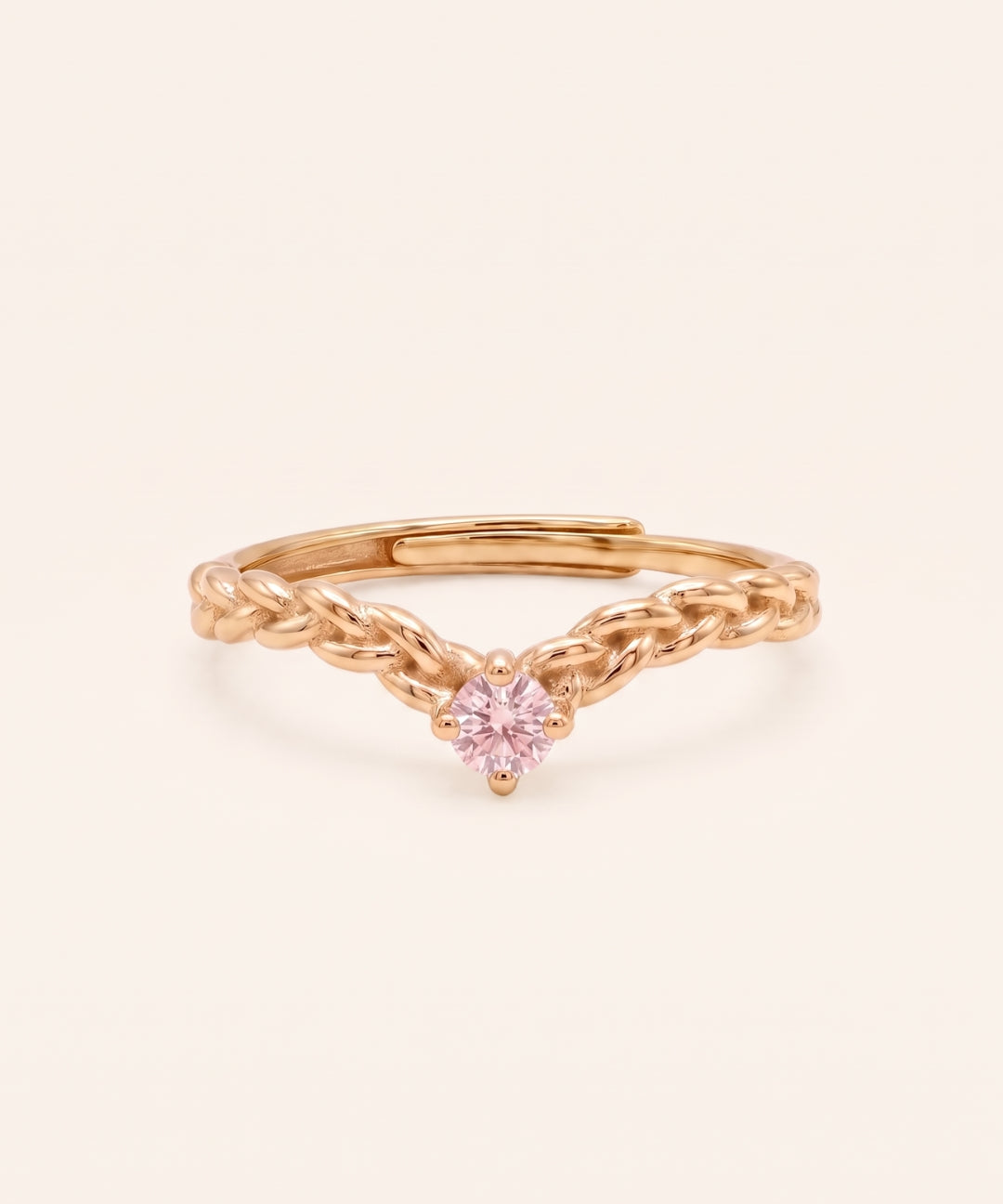 18k yellow gold vermeil Braided Wishbone Moissanite Ring featuring a 3mm round pastel pink moissanite.