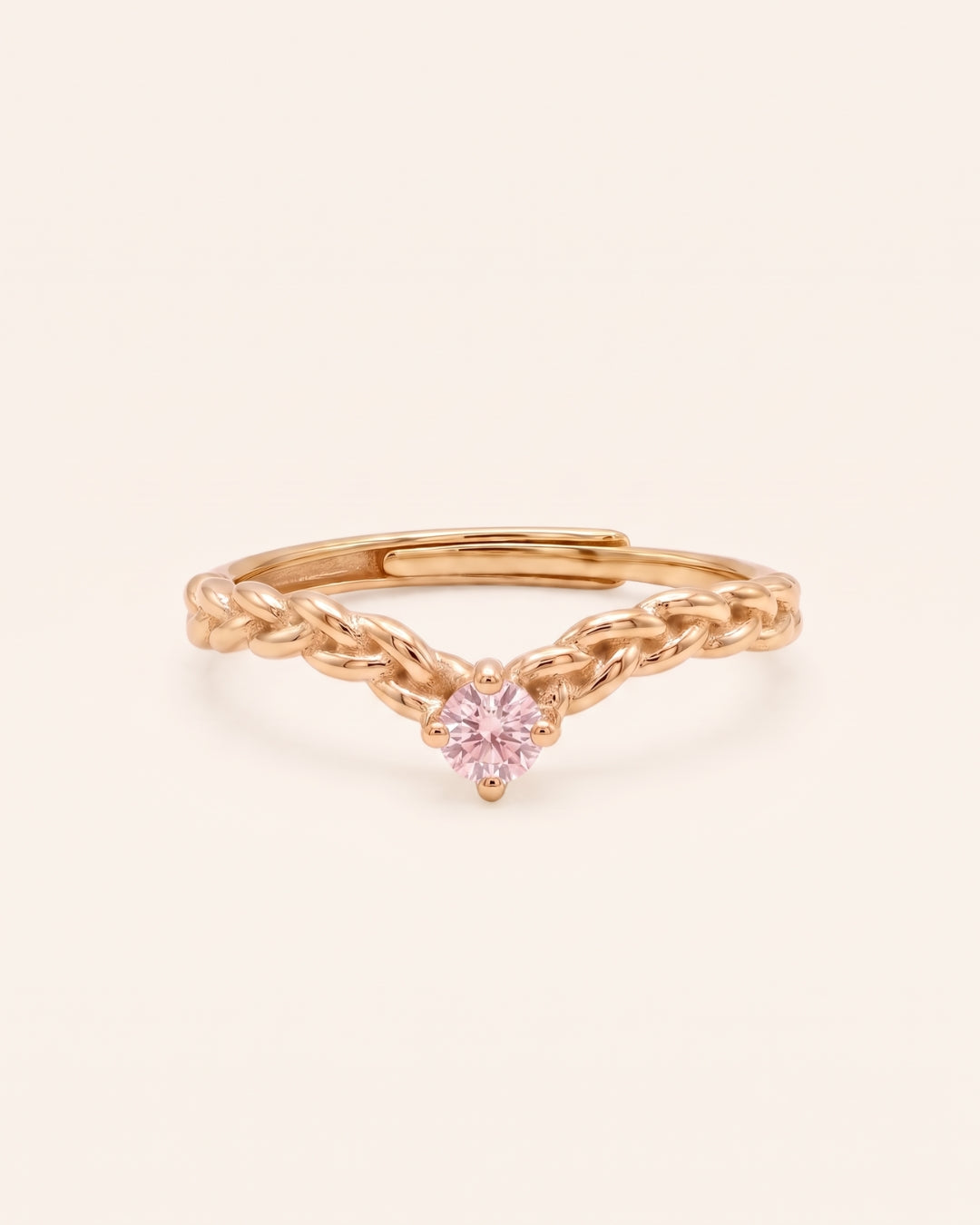 18k yellow gold vermeil Braided Wishbone Moissanite Ring featuring a 3mm round pastel pink moissanite.