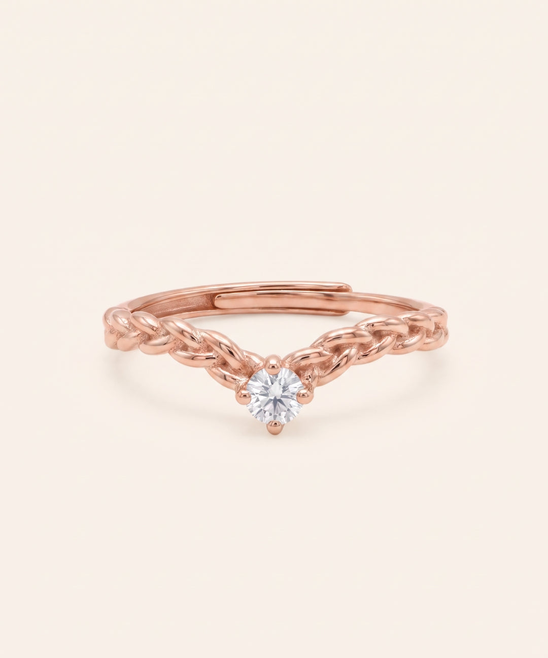 18k rose gold vermeil Braided Wishbone Moissanite Ring set with a 0.1ct round clear white moissanite solitaire center stone.