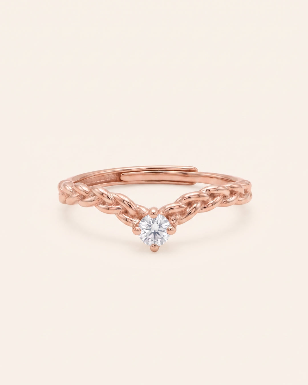 18k rose gold vermeil Braided Wishbone Moissanite Ring set with a 0.1ct round clear white moissanite solitaire center stone.