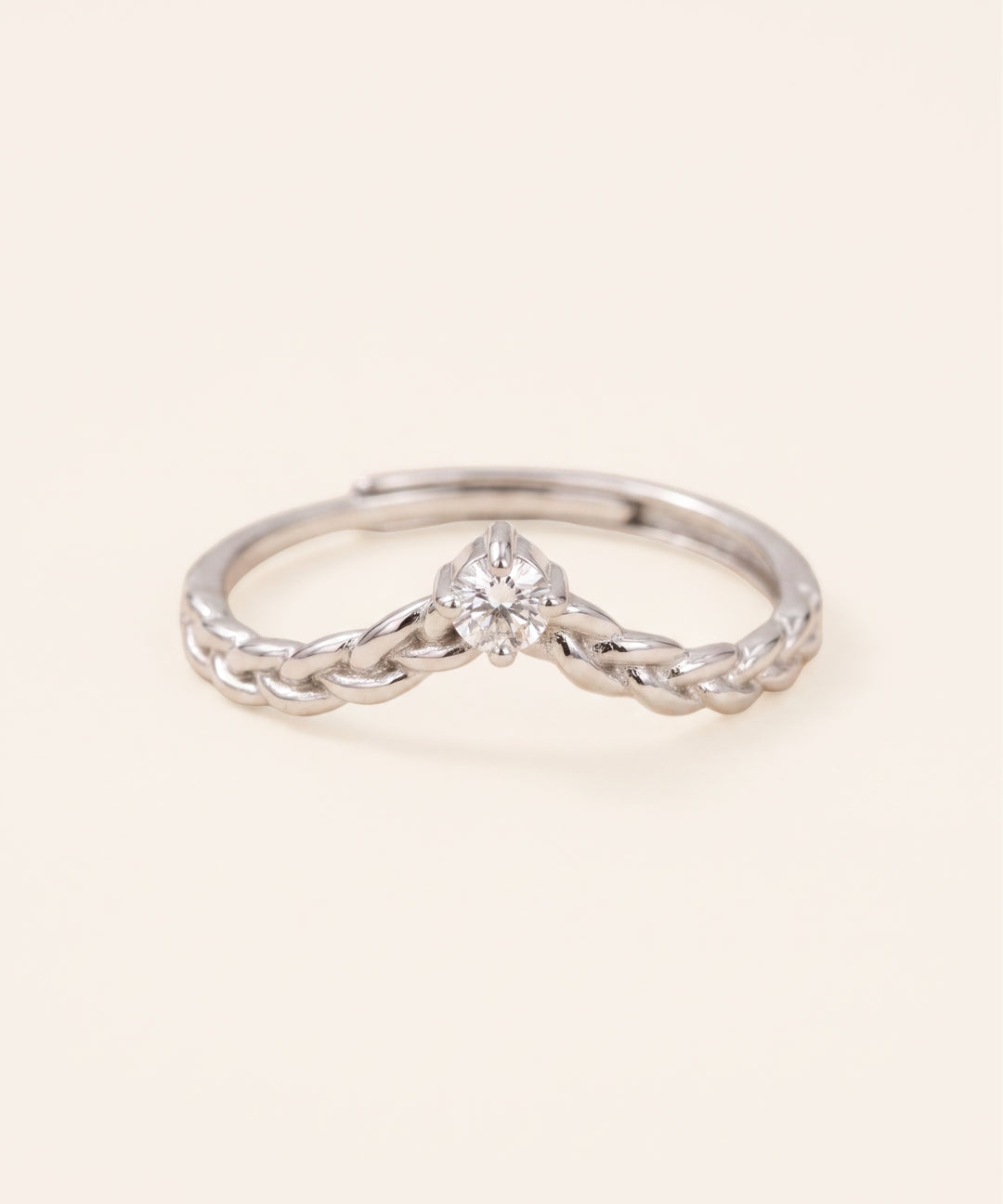 Sterling silver Braided Wishbone Moissanite Ring set with a 0.1ct clear white moissanite center stone.