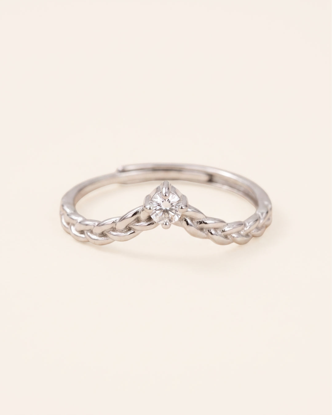Sterling silver Braided Wishbone Moissanite Ring set with a 0.1ct clear white moissanite center stone.