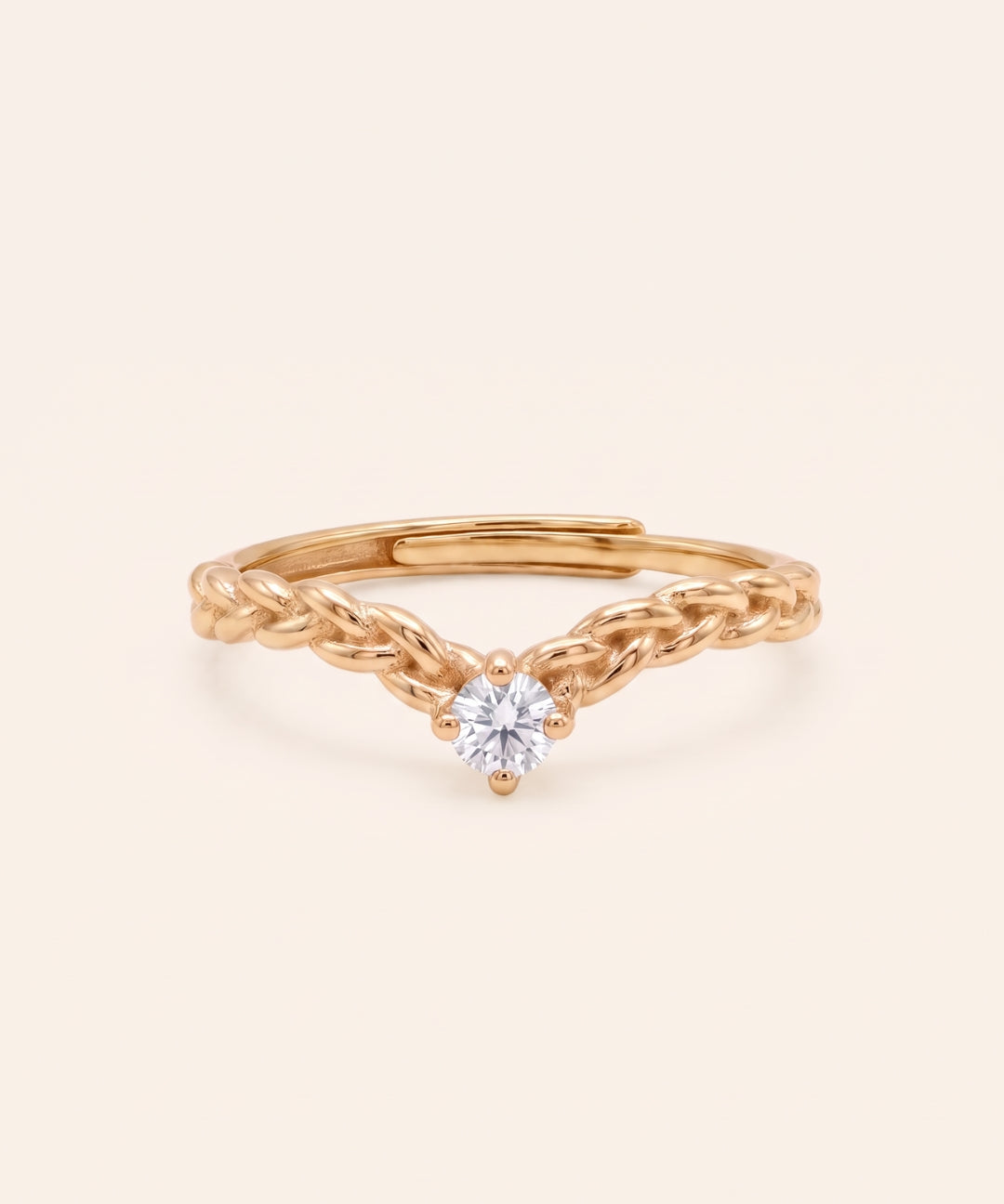 18k yellow gold vermeil Braided Wishbone Moissanite Ring featuring a 3mm round clear white moissanite.