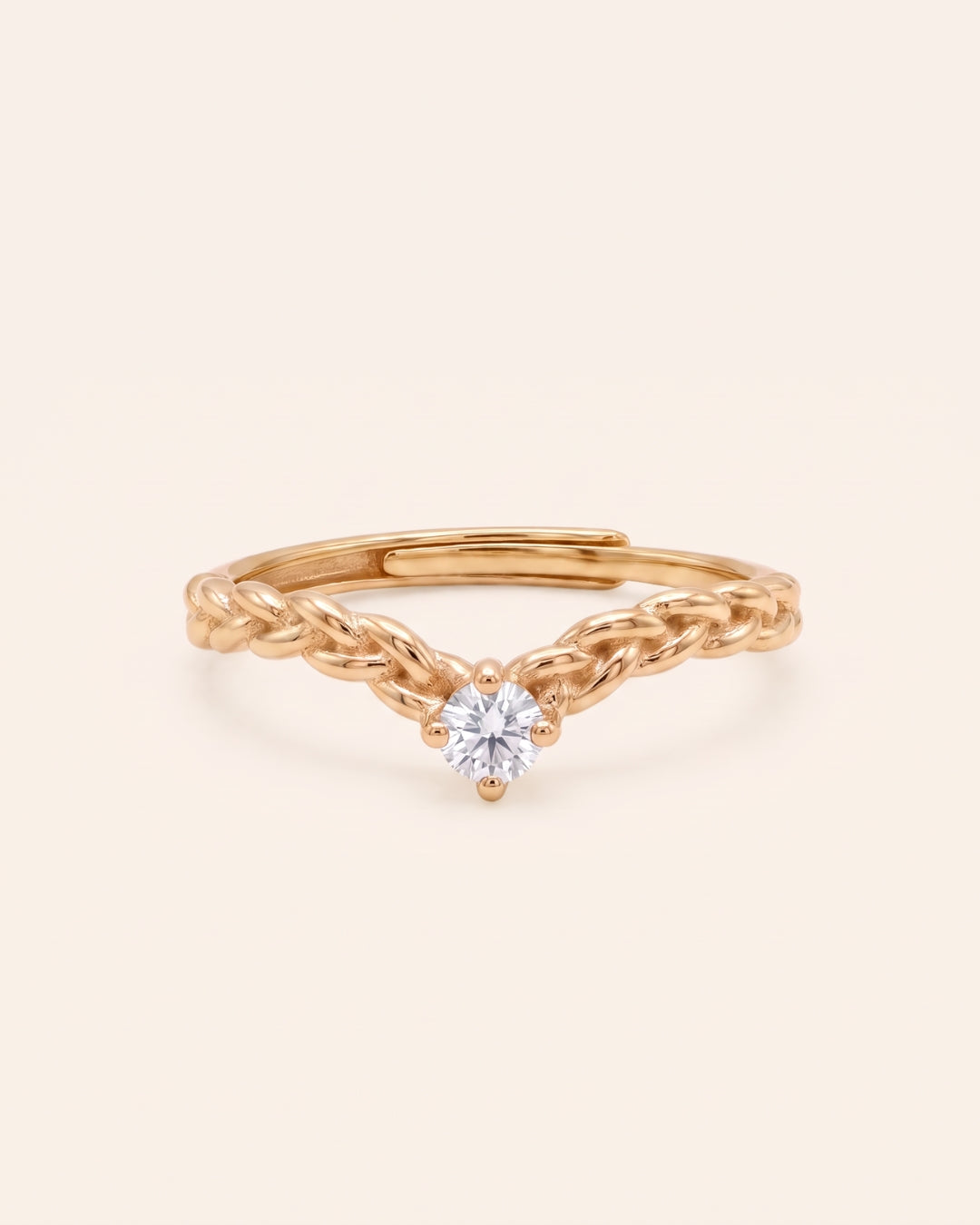 18k yellow gold vermeil Braided Wishbone Moissanite Ring featuring a 3mm round clear white moissanite.
