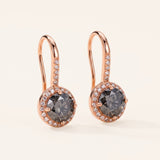 Pair of 18k rose gold Candlelight Halo Moissanite Ear Hooks with 1-carat round Twilight Grey moissanite center stones and pavé wire detail.