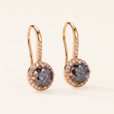 Pair of 18k yellow gold Candlelight Halo Moissanite Ear Hooks featuring 1-carat Twilight Grey round moissanite stones and pavé accents.