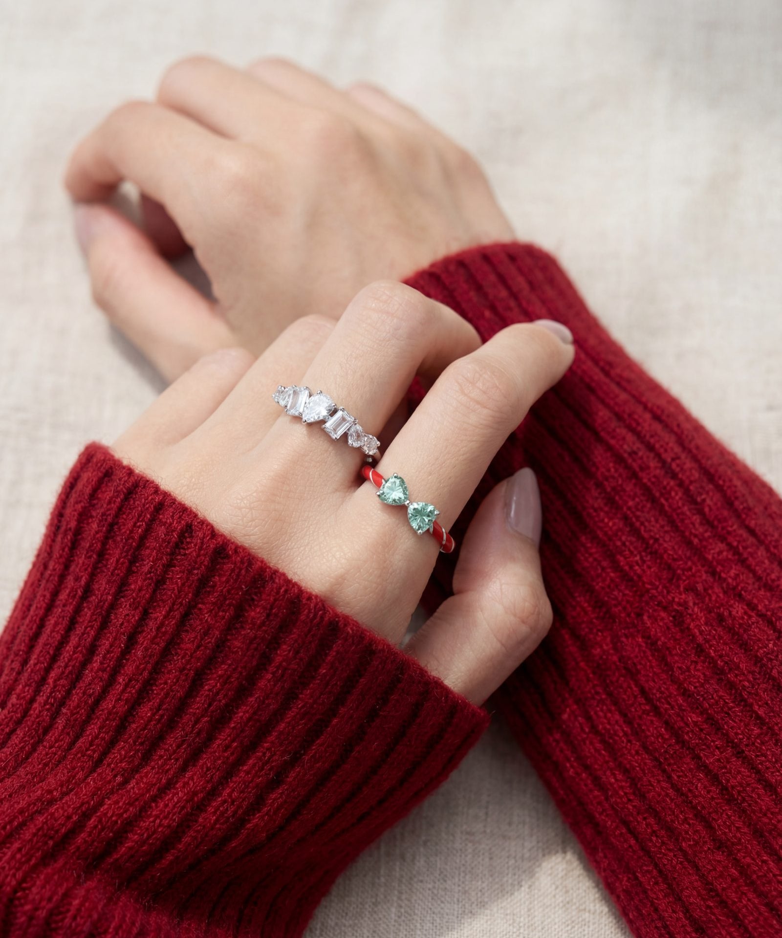 Candy Cane Ribbon Ring | Green Moissanite in silver, worn on a model