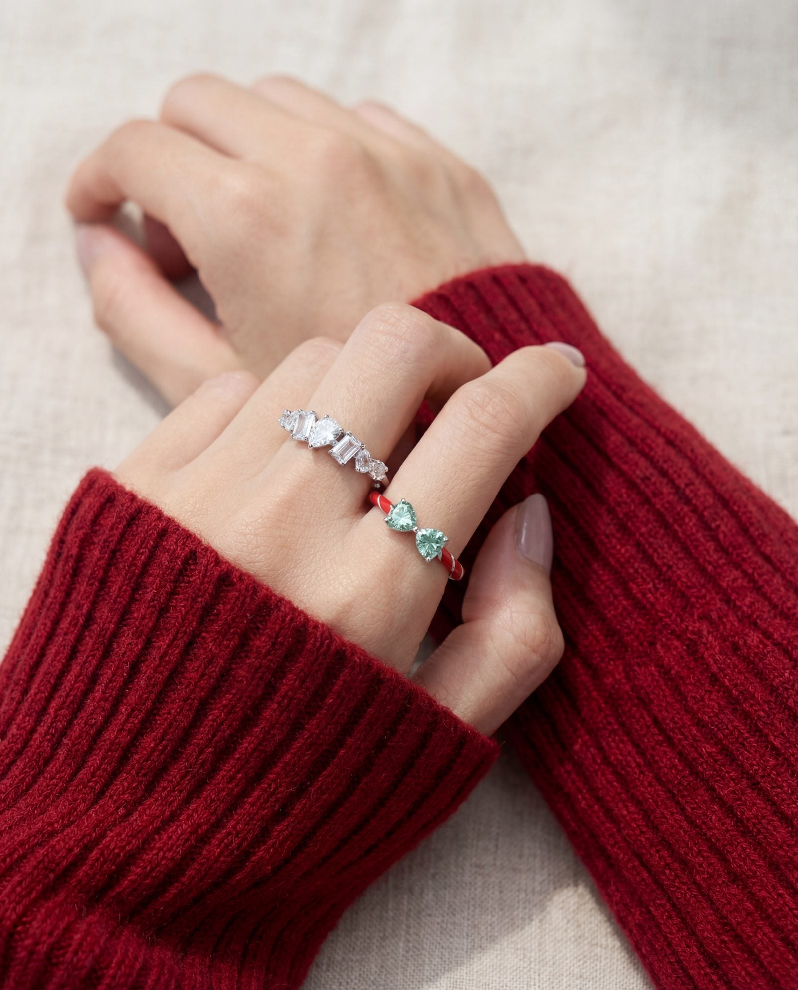 Candy Cane Ribbon Ring | Green Moissanite in silver, worn on a model