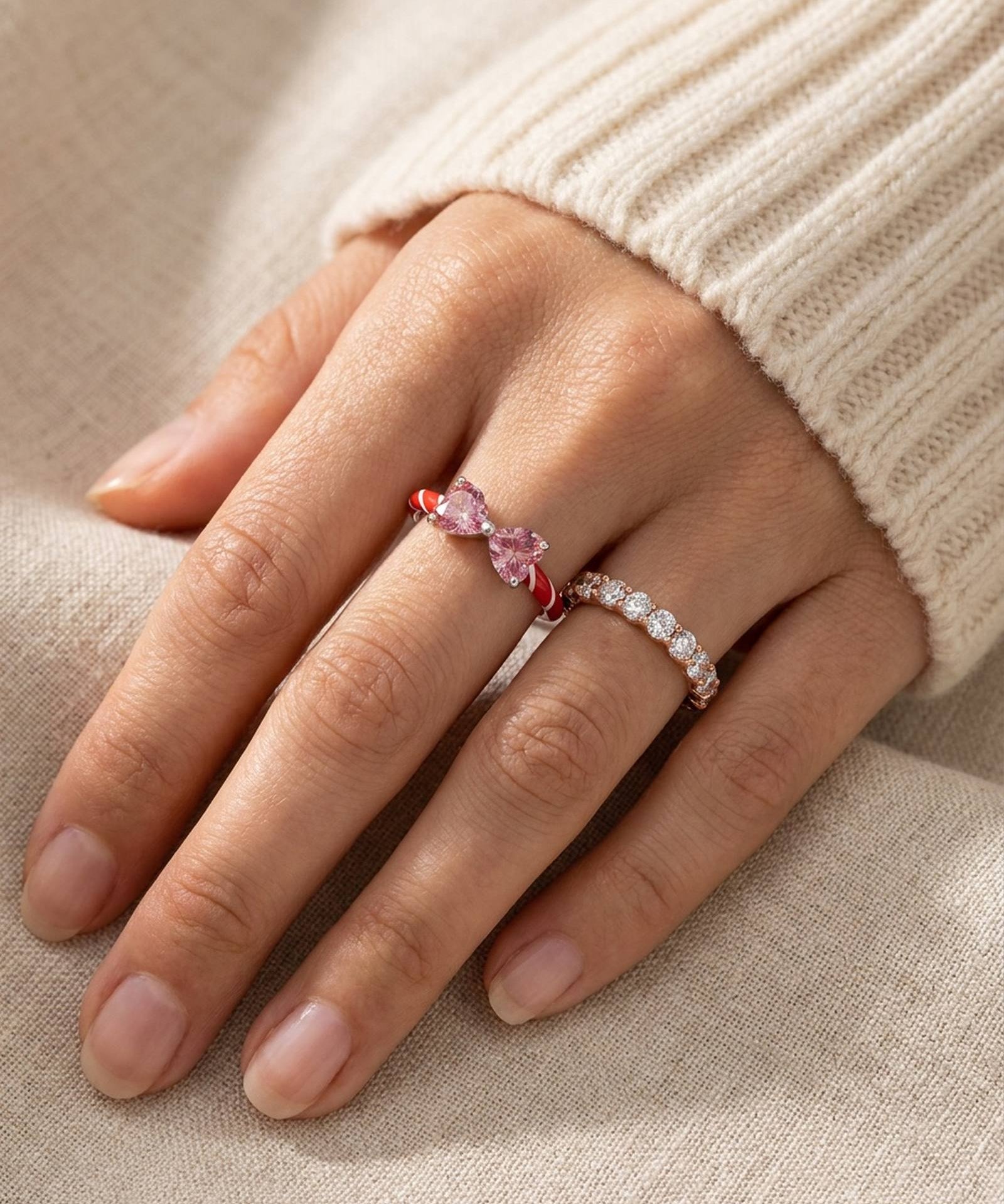 Candy Cane Ribbon Ring | Red Moissanite in silver, worn on a model
