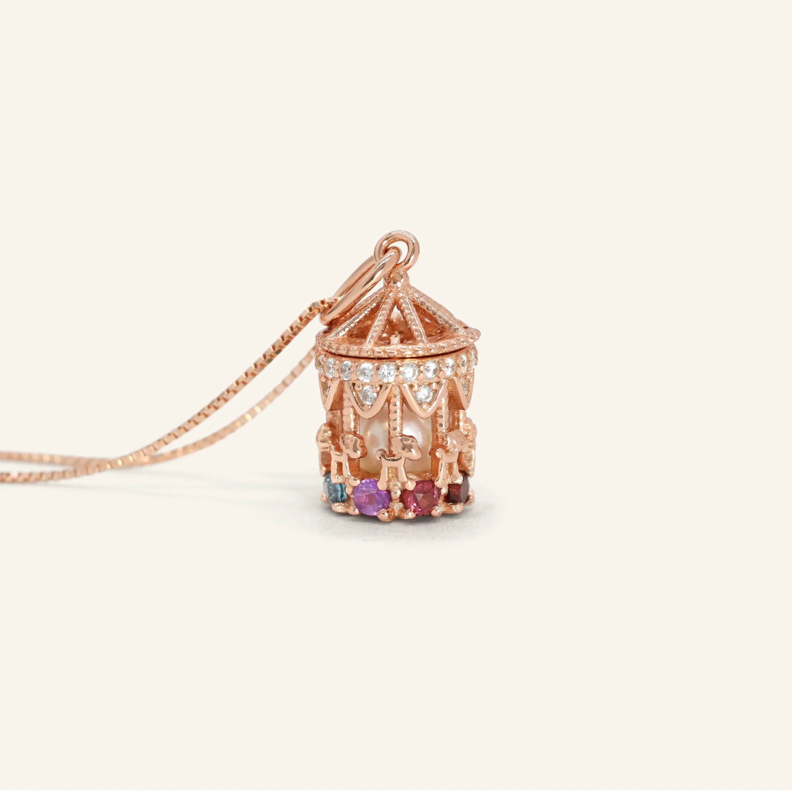 Carousel Pearl Necklace Rainbow Semi Precious Gems Moissanite Rose Gold2 scaled