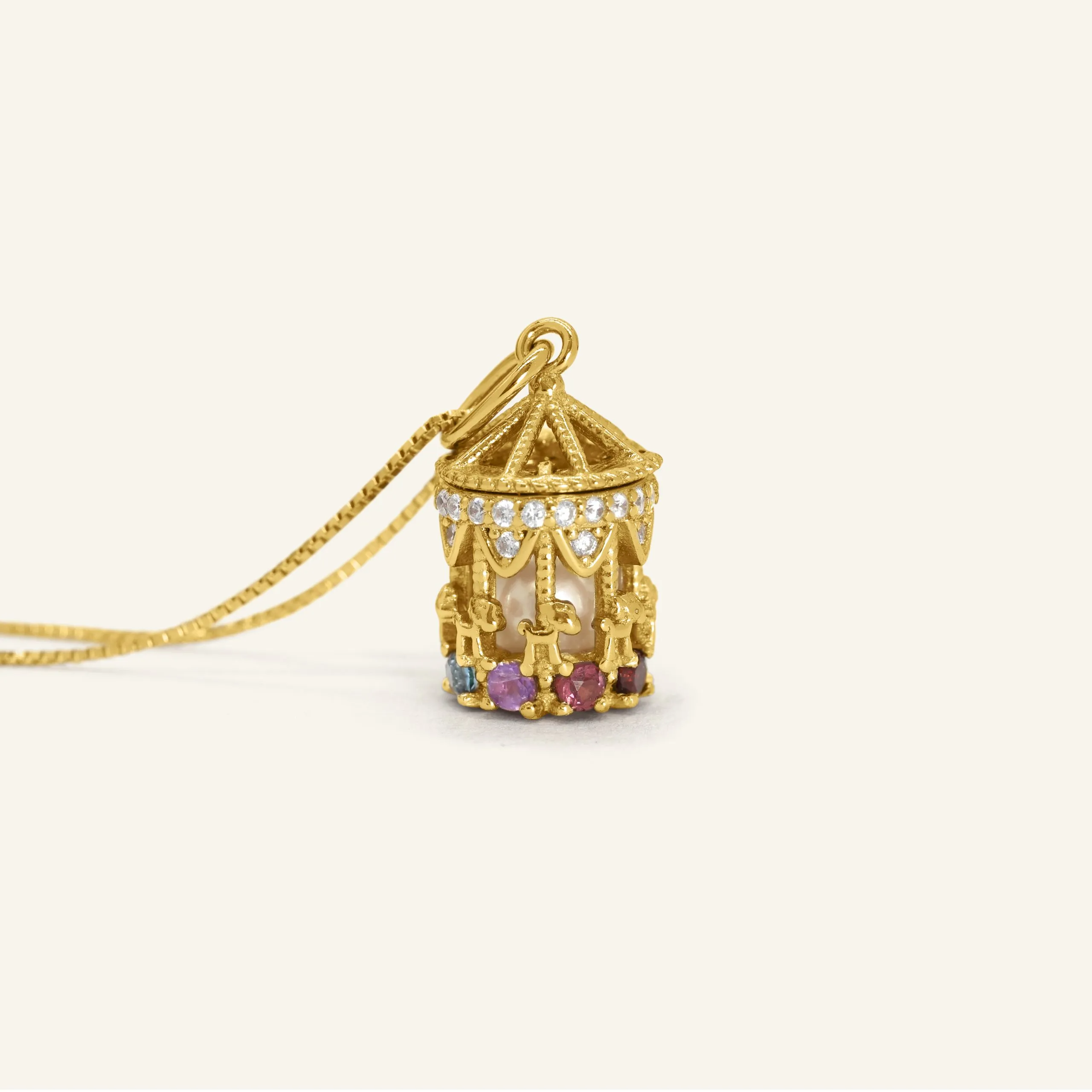 Carousel Pearl Necklace Rainbow Semi Precious Gems Moissanite Yellow Gold 2 scaled