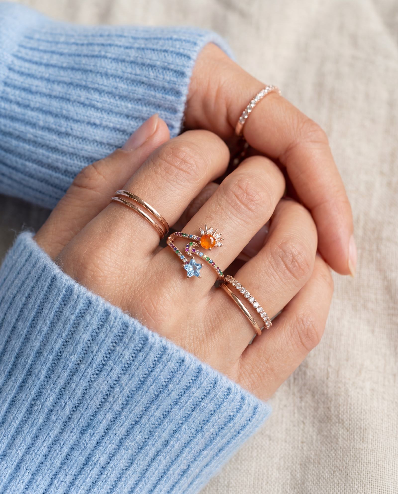 Celestial Harmony Ring | Orange Opal in rose gold, worn on a model