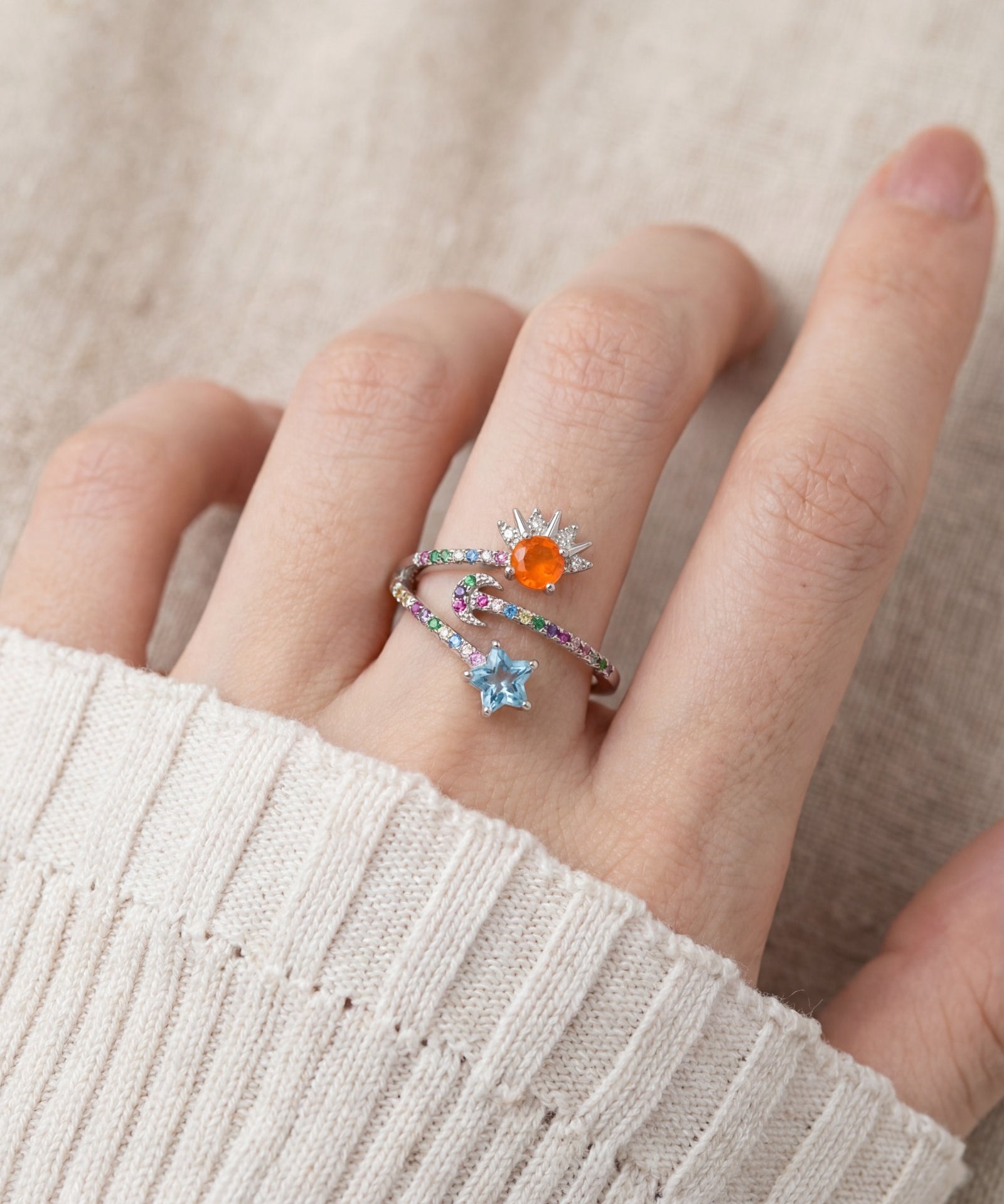 Celestial Harmony Ring | Orange Opal in silver, worn on a model
