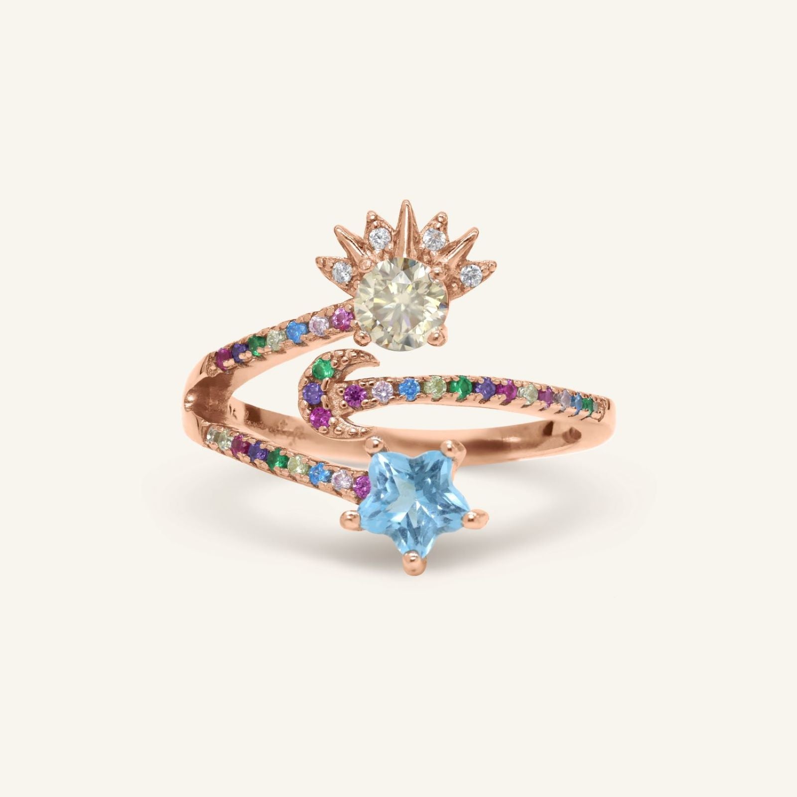Celestial Harmony Ring | Yellow Moissanite in rose gold, resting on a warm linen background