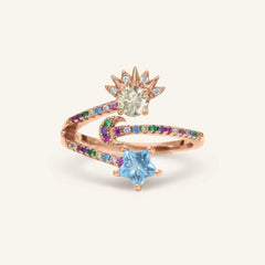 Celestial Harmony Ring | Yellow Moissanite in rose gold, resting on a warm linen background