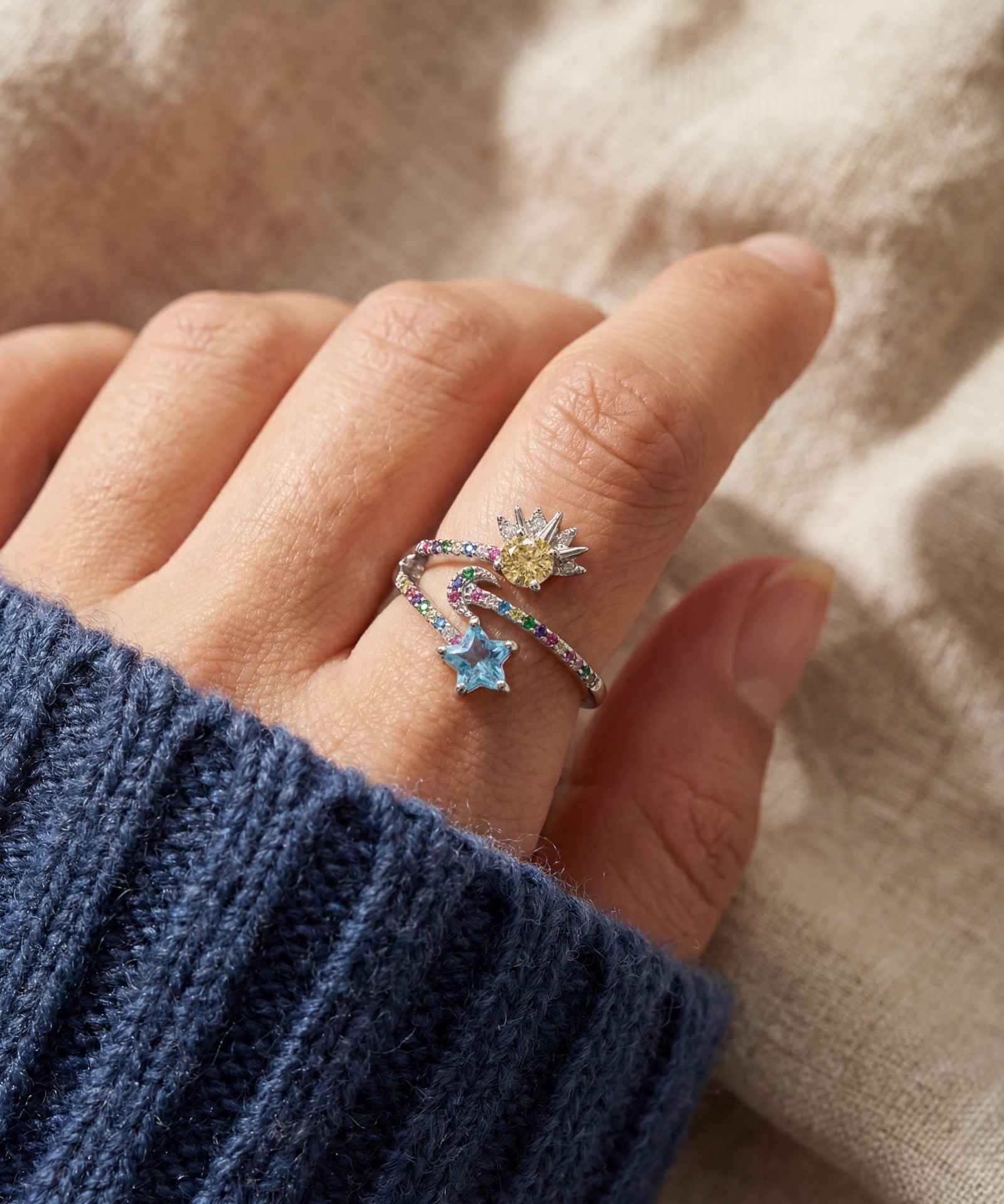 Celestial Harmony Ring | Yellow Moissanite in silver, worn on a model