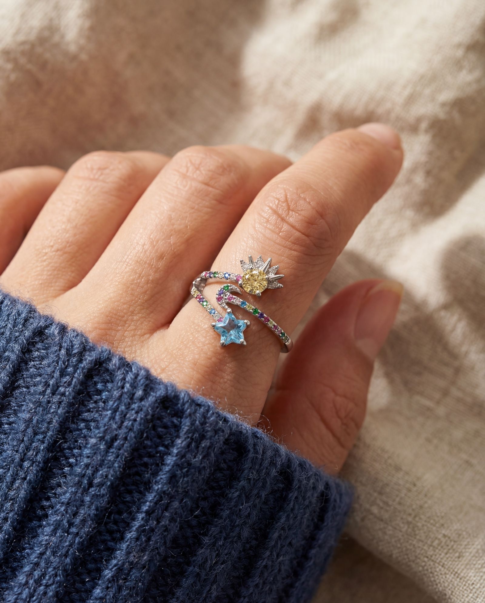 Celestial Harmony Ring | Yellow Moissanite in silver, worn on a model