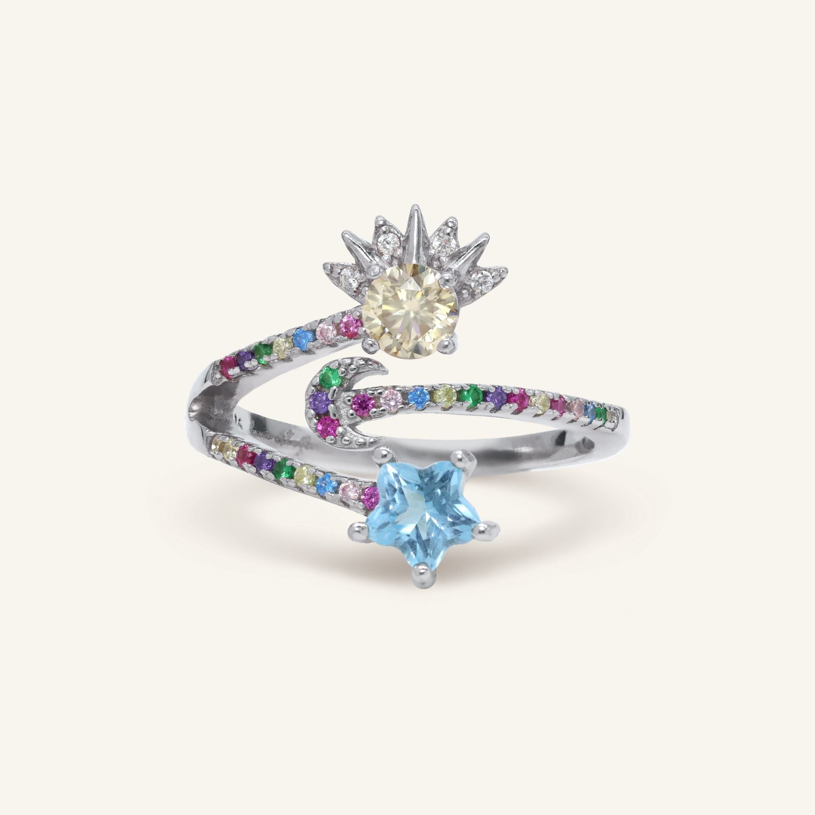 Close-up of the Celestial Harmony Ring | Yellow Moissanite in silver, resting on a warm linen background