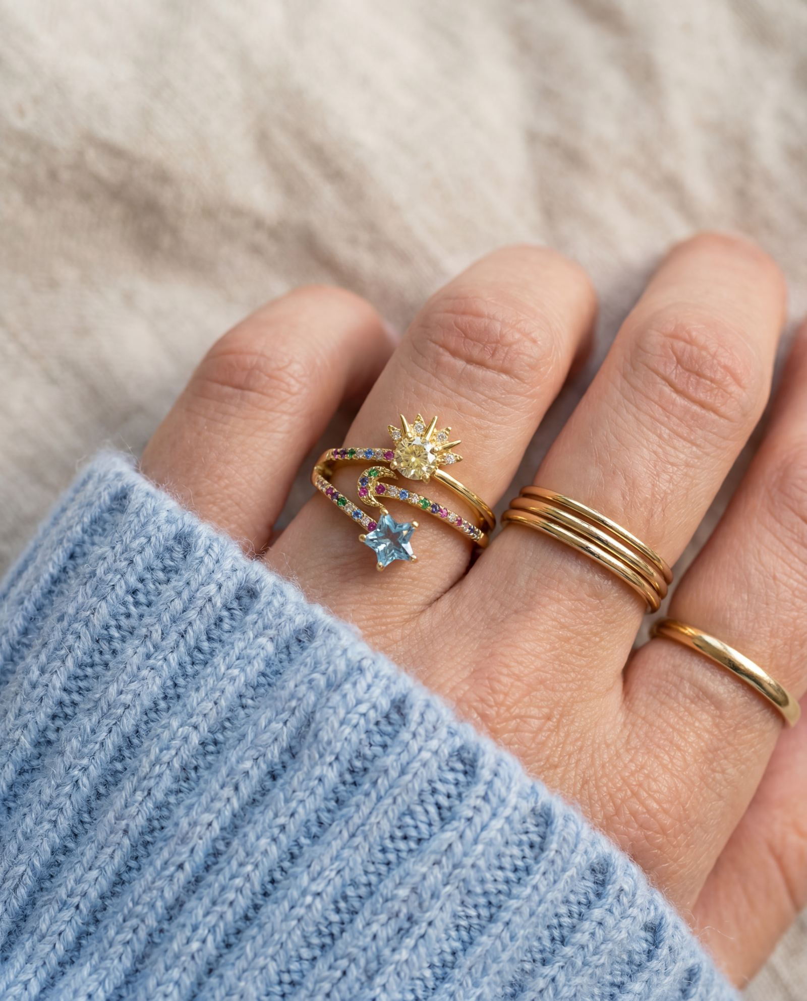 Celestial Harmony Ring | Yellow Moissanite in yellow gold, worn on a model