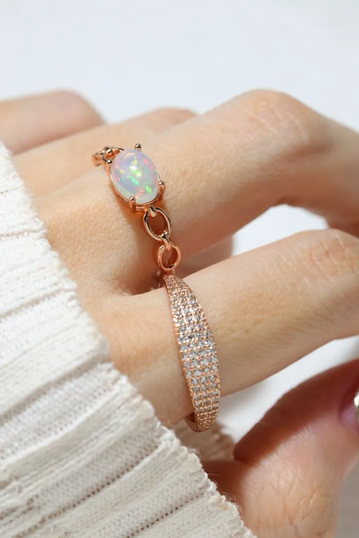 chain opal ring and pave stacker ring worn